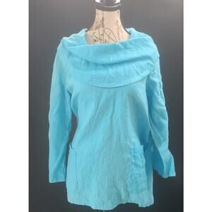 Ali Miles ladies 100% linen tunic style blouse blue Sz Medium Lagenlook coastal